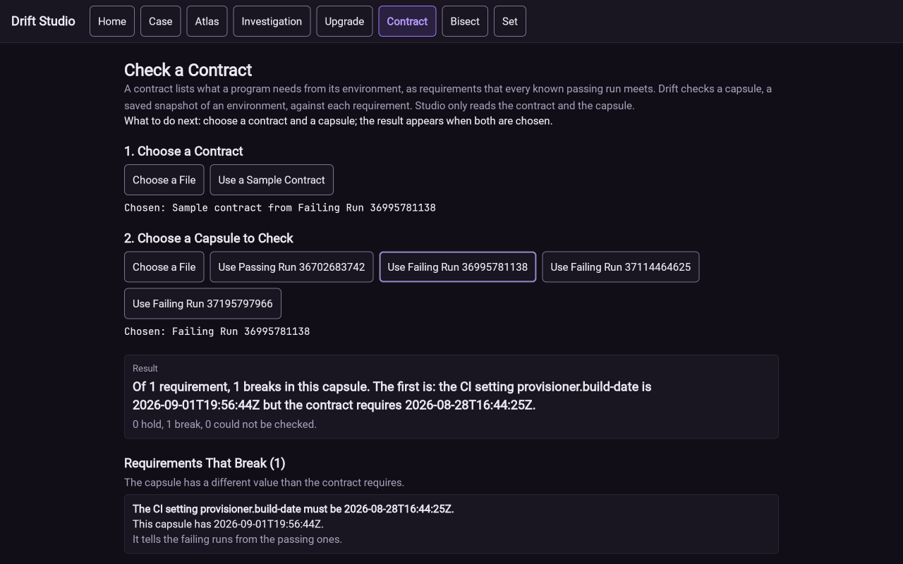 The Contract screen with a failing result